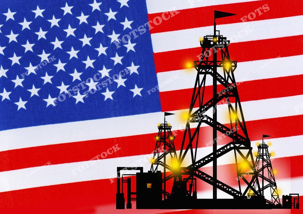 На изображении изображен американский флаг, на котором силуэты нефтедобывающей вышки. Освещение акцентировано вокруг вышек, создавая контраст с красными и белыми полосами флага и звездами на синем фоне. Это символизирует важность нефтяной промышленности для экономики США.